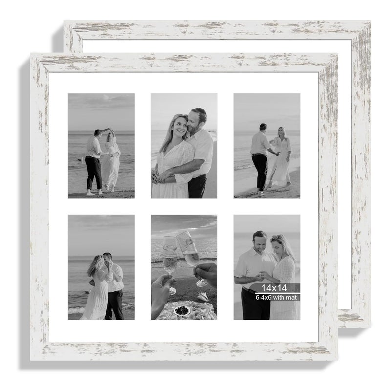 Hongkee 14x14 Picture Frame Set of 2, Distressed White with Glass Collage Frame, Display Photo Six Opening 4x6 With Mat or 14 x 14 Without Mat - Horizontal or Vertical Wall Mounting - Image 1