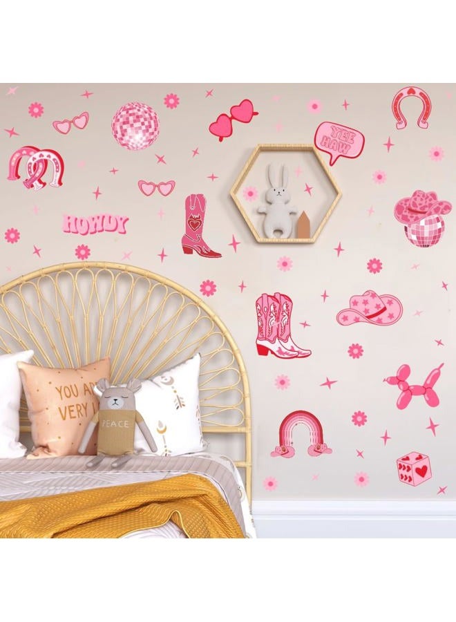 YIMEHDAN Pink Cowgirl Wall Decal, Boots Horseshoe Iron Hat Disco Ball Vinyl Wall Stickers, Removable Preppy Western Girls Howdy Artwork for Teen Bedroom Dormitory Decor - Image 4