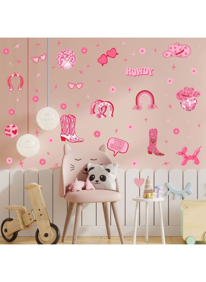 YIMEHDAN Pink Cowgirl Wall Decal, Boots Horseshoe Iron Hat Disco Ball Vinyl Wall Stickers, Removable Preppy Western Girls Howdy Artwork for Teen Bedroom Dormitory Decor - Image 5