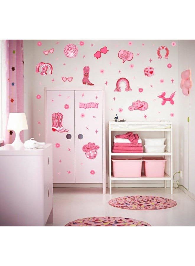 YIMEHDAN Pink Cowgirl Wall Decal, Boots Horseshoe Iron Hat Disco Ball Vinyl Wall Stickers, Removable Preppy Western Girls Howdy Artwork for Teen Bedroom Dormitory Decor - Image 2