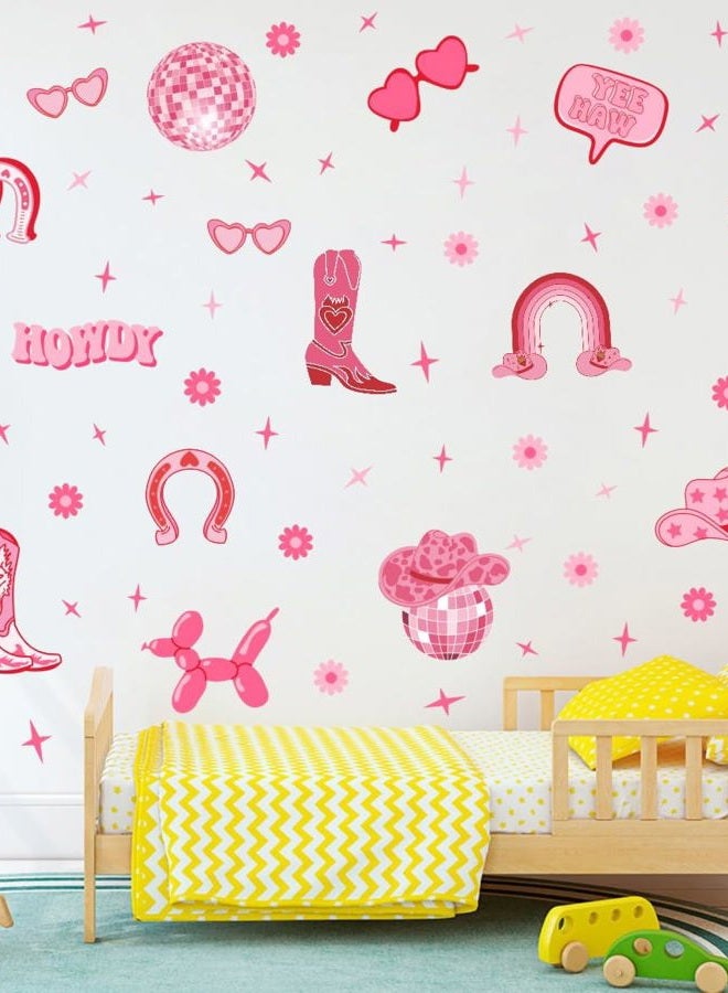 YIMEHDAN Pink Cowgirl Wall Decal, Boots Horseshoe Iron Hat Disco Ball Vinyl Wall Stickers, Removable Preppy Western Girls Howdy Artwork for Teen Bedroom Dormitory Decor - Image 1