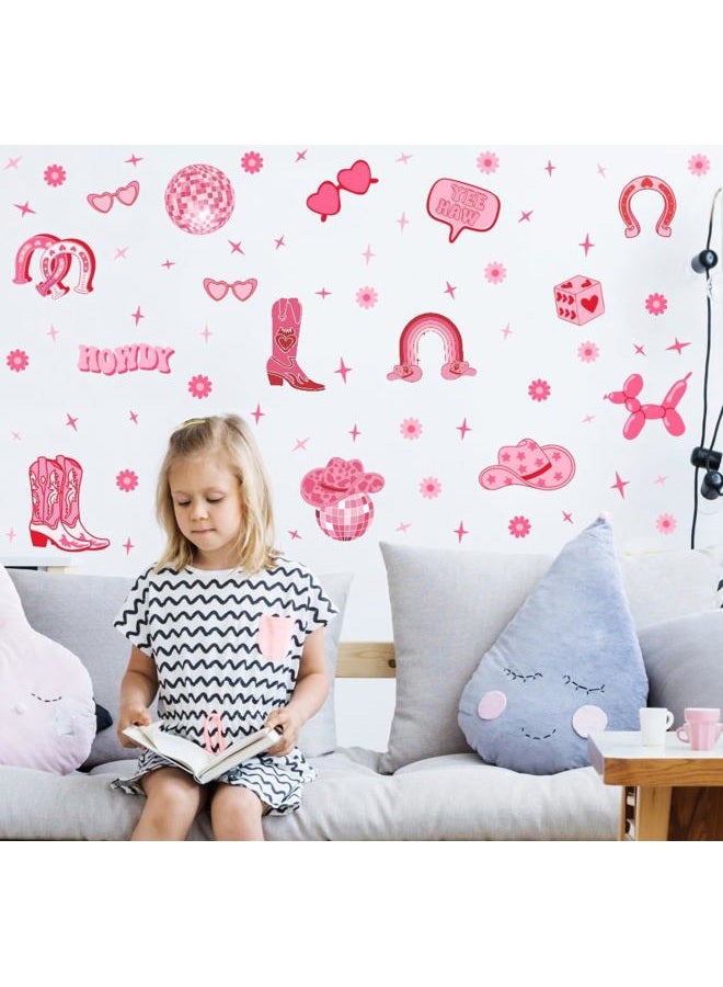 YIMEHDAN Pink Cowgirl Wall Decal, Boots Horseshoe Iron Hat Disco Ball Vinyl Wall Stickers, Removable Preppy Western Girls Howdy Artwork for Teen Bedroom Dormitory Decor - Image 3