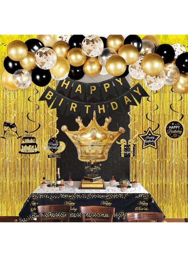 Bluegogo Black and Gold Birthday Decorations for Men Women, Black and Gold Party Decorations Include Crown Hanging Swirls Curtains Tablecloth Cake Toppers Banner for Gold and Black Birthday Decorations for Dad  - Image 2