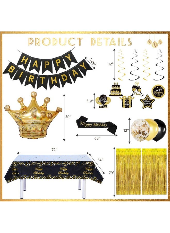 Bluegogo Black and Gold Birthday Decorations for Men Women, Black and Gold Party Decorations Include Crown Hanging Swirls Curtains Tablecloth Cake Toppers Banner for Gold and Black Birthday Decorations for Dad  - Image 4