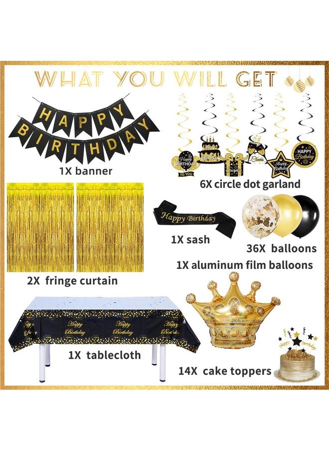 Bluegogo Black and Gold Birthday Decorations for Men Women, Black and Gold Party Decorations Include Crown Hanging Swirls Curtains Tablecloth Cake Toppers Banner for Gold and Black Birthday Decorations for Dad  - Image 3