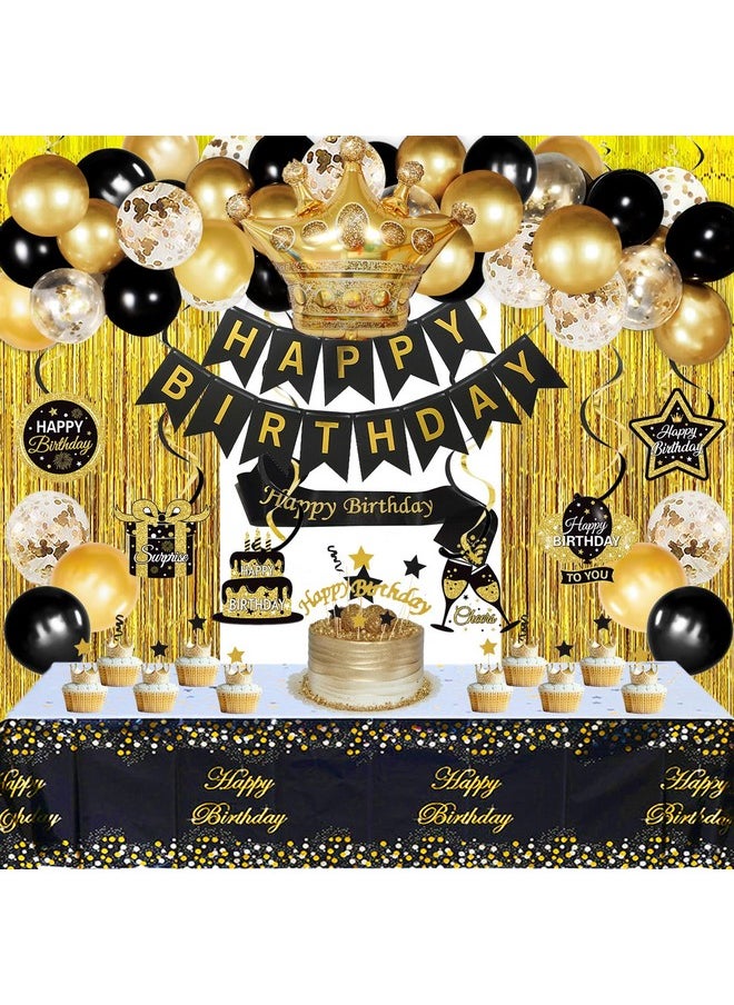 Bluegogo Black and Gold Birthday Decorations for Men Women, Black and Gold Party Decorations Include Crown Hanging Swirls Curtains Tablecloth Cake Toppers Banner for Gold and Black Birthday Decorations for Dad  - Image 1