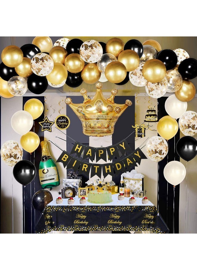 Bluegogo Black and Gold Birthday Decorations for Men Women, Black and Gold Party Decorations Include Crown Hanging Swirls Curtains Tablecloth Cake Toppers Banner for Gold and Black Birthday Decorations for Dad  - Image 5
