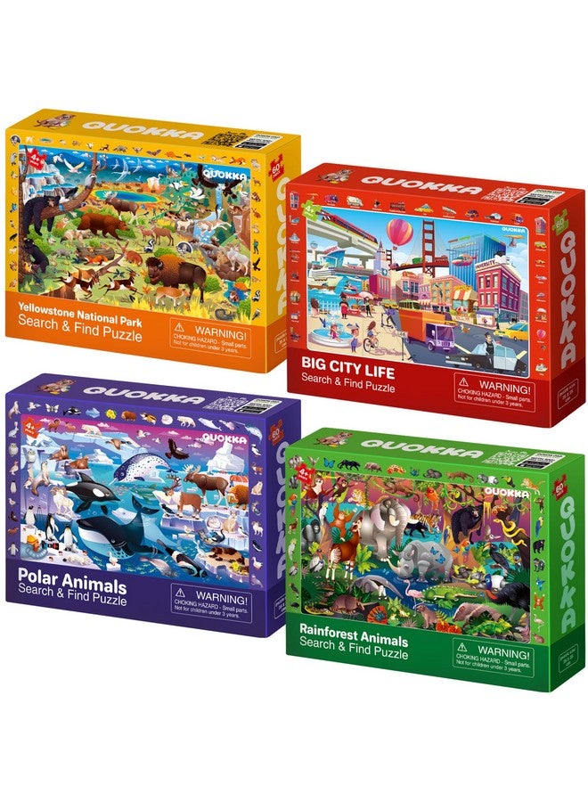 QUOKKA Puzzles for Kids Ages 4-6 - 4 x 60 Puzzles for Toddlers 5-8 - Educational Search & Find Toy for 8-10 yo for Learning Forest Polar, USA National Park Animals & City Life - Image 1