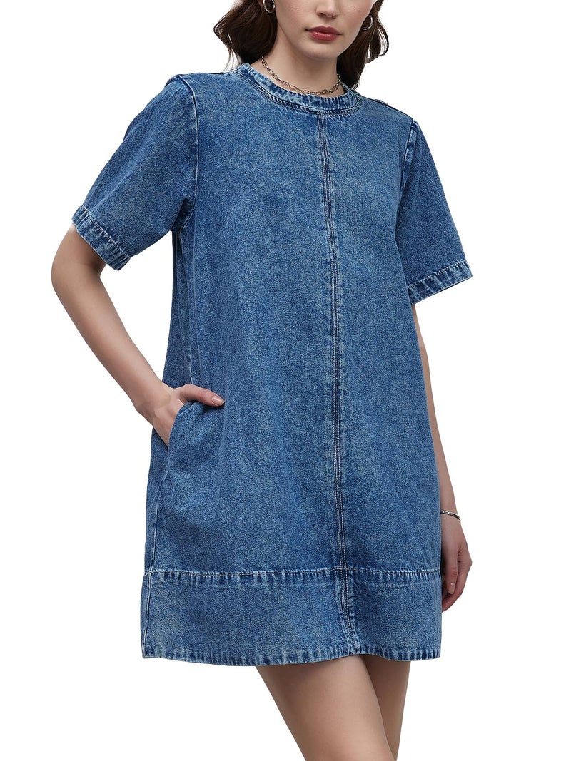 LifeShe Denim Dress for Women Summer Casual Short Sleeve Chambray Mini Jean Dresses with Pockets - Image 1