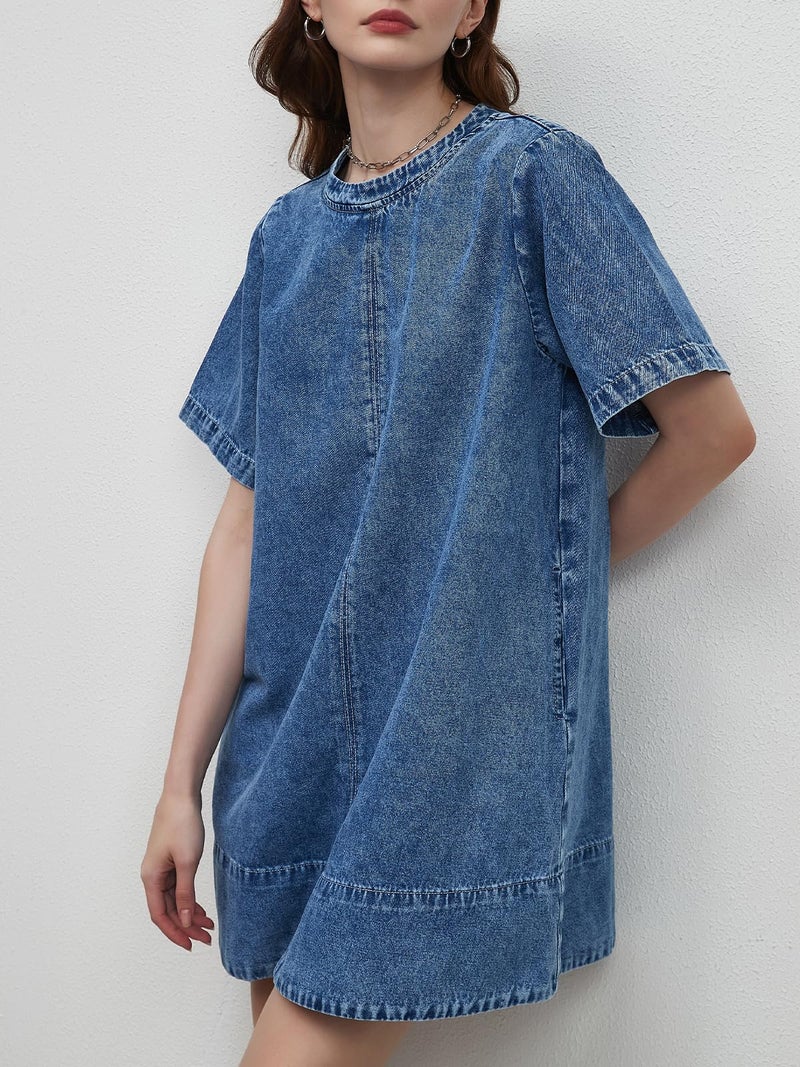 LifeShe Denim Dress for Women Summer Casual Short Sleeve Chambray Mini Jean Dresses with Pockets - Image 4