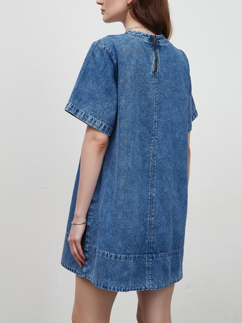 LifeShe Denim Dress for Women Summer Casual Short Sleeve Chambray Mini Jean Dresses with Pockets - Image 3