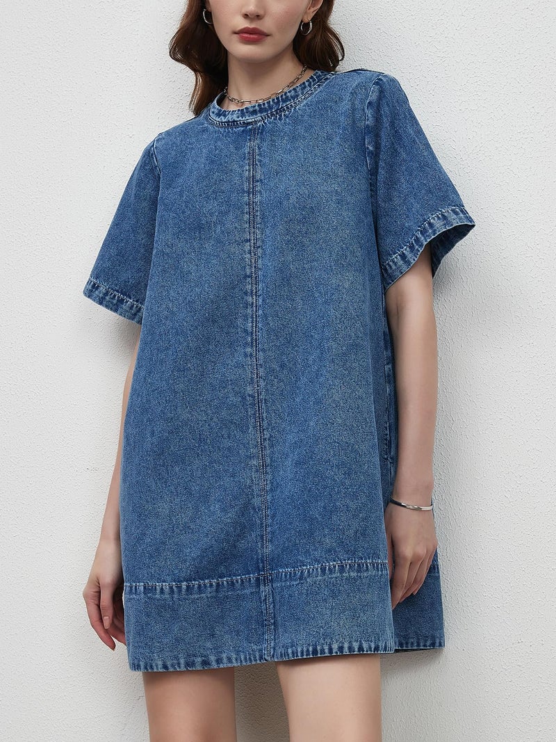 LifeShe Denim Dress for Women Summer Casual Short Sleeve Chambray Mini Jean Dresses with Pockets - Image 2