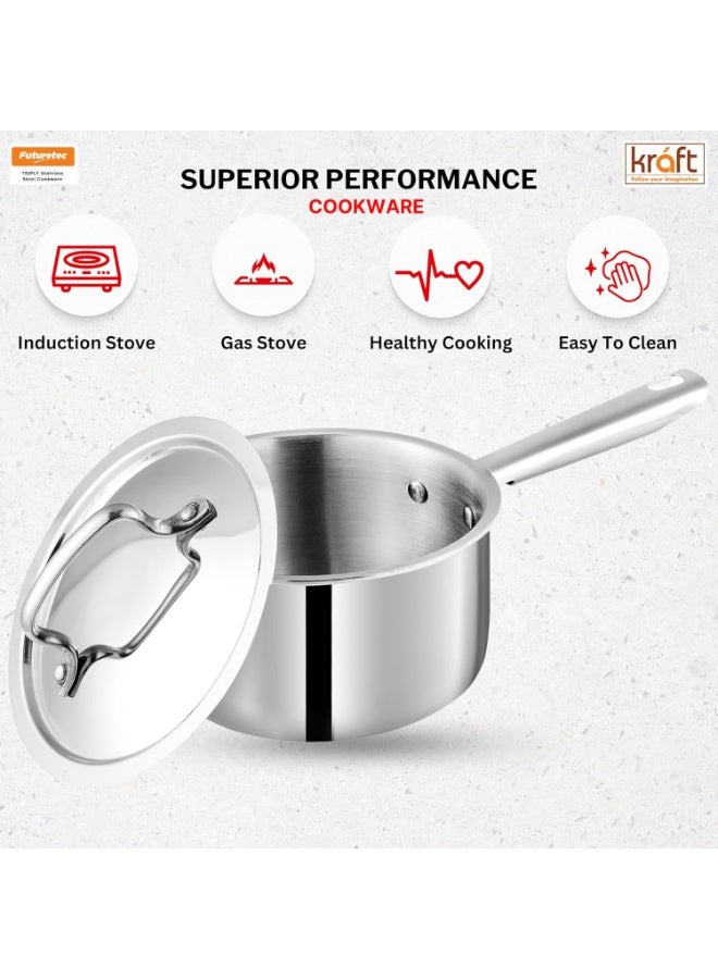Kraft Futuretec Triply Stainless Steel Saucepan With Lid - 2.2 Litre (18cm) | 2.5MM Thick | Tea Saucepan Induction And Gas Base | 5 Year Warranty | Strong Handle, Toxin Free - Image 3
