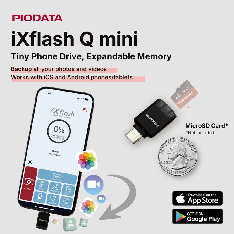Piodata Micro SD Card Reader for iPhone 17/16/15, iPad & Android, USB C Memory Card Reader, Auto Photo Backup, Apple MFi Phone Drive iXflash Q mini with Free App Black - Image 2