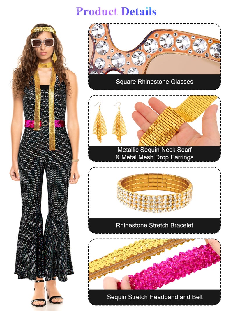 SOMSOC 70s Women Disco Fashion Jumpsuit Costume Accessories Set with Scarf Earrings Bracelet Glasses Belt for Halloween - Image 5