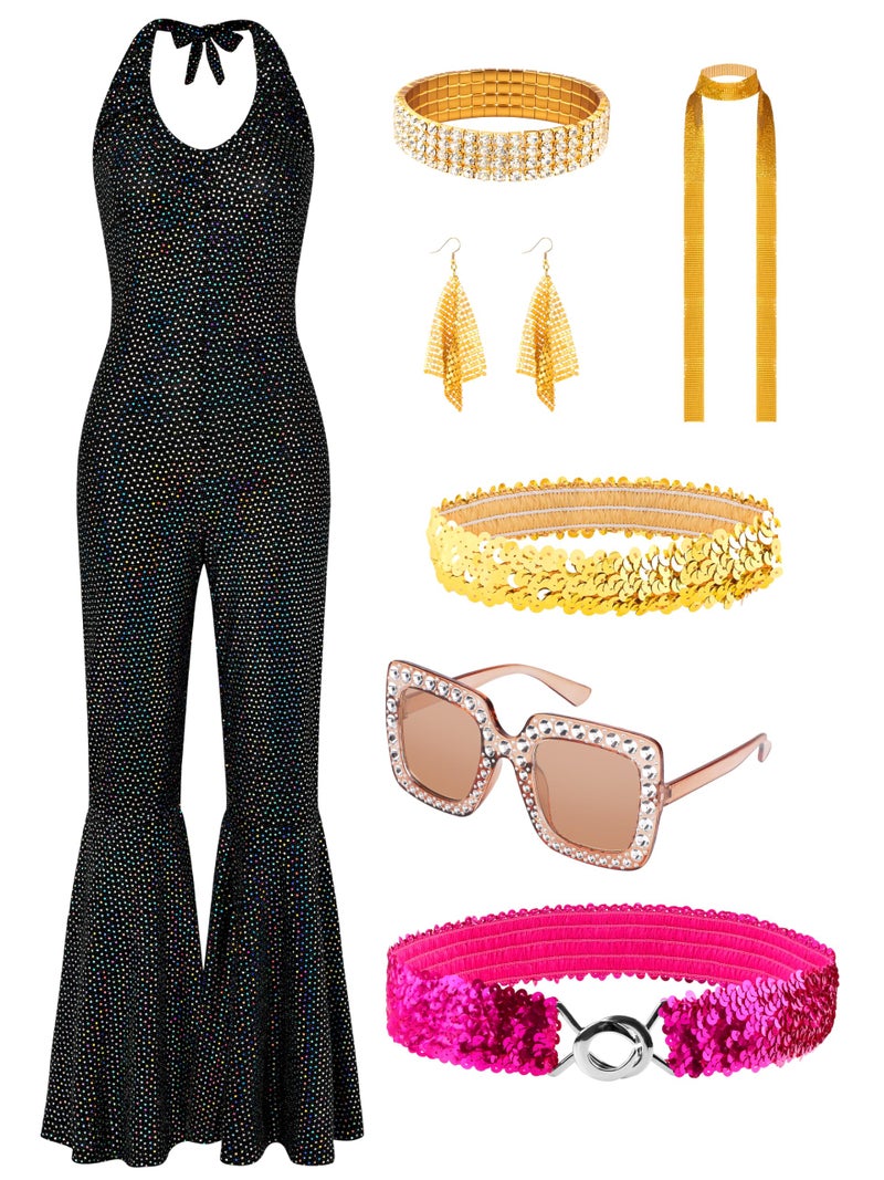 SOMSOC 70s Women Disco Fashion Jumpsuit Costume Accessories Set with Scarf Earrings Bracelet Glasses Belt for Halloween - Image 1