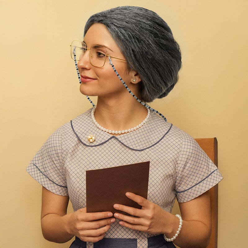 Huskein Old Lady Costume for Women, 100 Days of School Costume for Girls, Granny Bun Wig Glasses Wig Cap Pearl Necklace Bracelet Set - Image 4