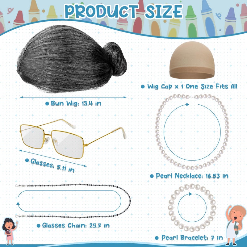 Huskein Old Lady Costume for Women, 100 Days of School Costume for Girls, Granny Bun Wig Glasses Wig Cap Pearl Necklace Bracelet Set - Image 2