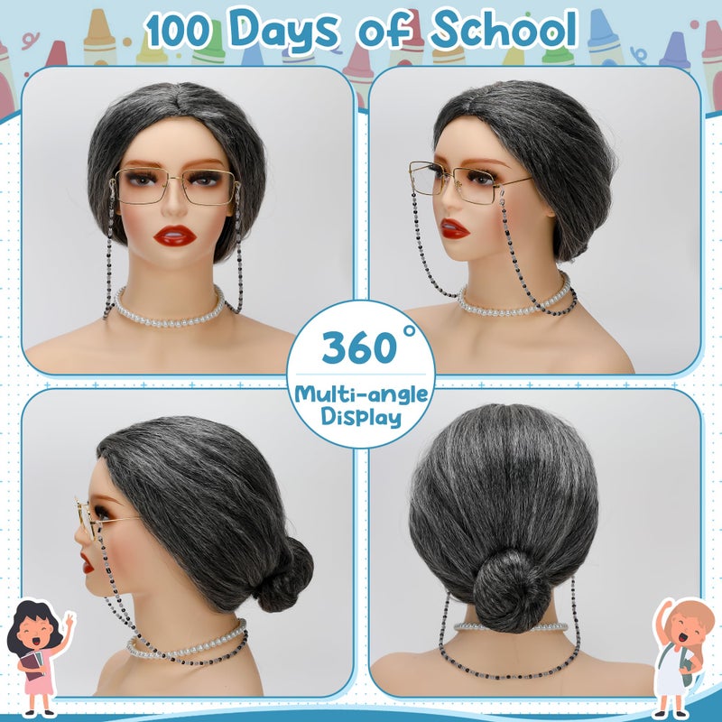 Huskein Old Lady Costume for Women, 100 Days of School Costume for Girls, Granny Bun Wig Glasses Wig Cap Pearl Necklace Bracelet Set - Image 3