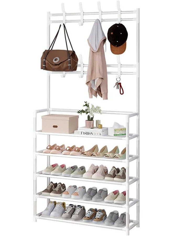 Loquat 5-Tier Metal Coat and Shoes Rack, Entryway Shoes Organizer with Hanging Hooks, Multi functional Hallway Organizer,  White - Image 1
