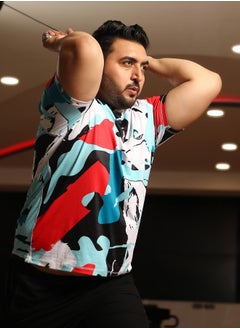 Instafab Plus Men's Powder Blue & Cream White Abstract Activewear T-Shirt  - Image 1