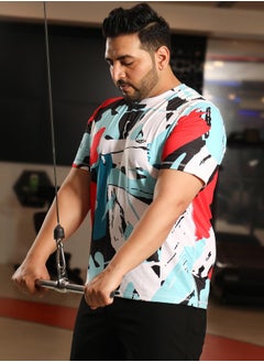 Instafab Plus Men's Powder Blue & Cream White Abstract Activewear T-Shirt  - Image 3