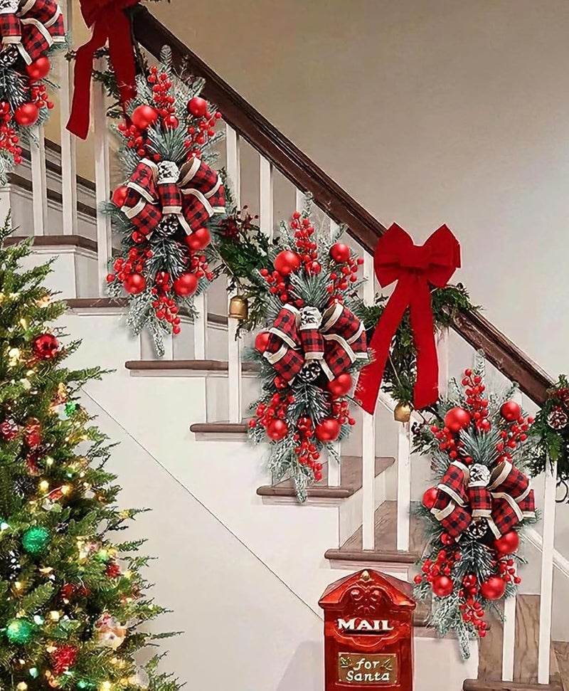 FACINOC 2 Pack Artificial Christmas Swag 24" for Front Door Decorative Xmas Swags with Red Berries Pine Cones Bow Festive Decorations for Mantle Wall Indoor Outdoor Holiday Home Decor (Red) - Image 1