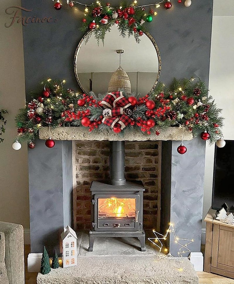 FACINOC 2 Pack Artificial Christmas Swag 24" for Front Door Decorative Xmas Swags with Red Berries Pine Cones Bow Festive Decorations for Mantle Wall Indoor Outdoor Holiday Home Decor (Red) - Image 5