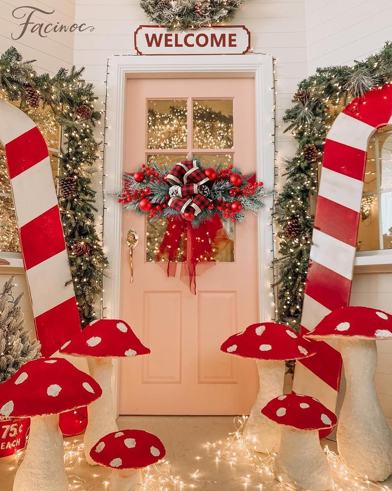 FACINOC 2 Pack Artificial Christmas Swag 24" for Front Door Decorative Xmas Swags with Red Berries Pine Cones Bow Festive Decorations for Mantle Wall Indoor Outdoor Holiday Home Decor (Red) - Image 4