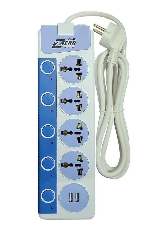 ماركة غير محددة وصلة مشترك كهرباء Z40 بـ4 مقابس و3 دبابيس 10 امبير بطول 2 متر مع 2 منفذ USB 5 فولت - 2.1 امبير - متعدد الالوان 
