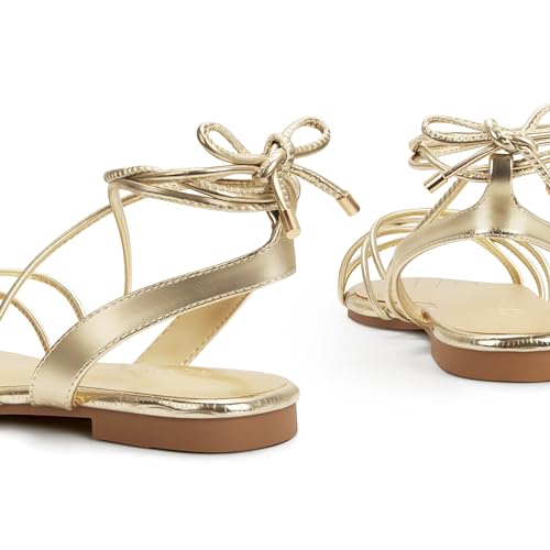 PARTY Women's Strappy Sandals Gladiator Lace Up Flats Summer Wrap Open Toe Tie Up Shoes, Gold, 7 - Image 5