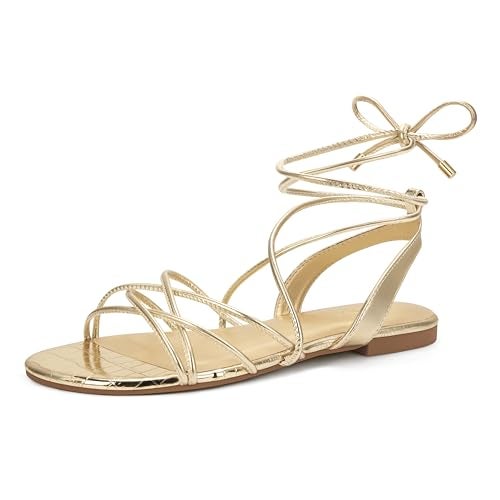 PARTY Women's Strappy Sandals Gladiator Lace Up Flats Summer Wrap Open Toe Tie Up Shoes, Gold, 7 - Image 1