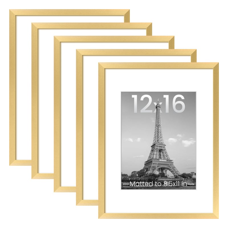 upsimples 12x16 Picture Frame Set of 5, Display Pictures 8.5x11 with Mat or 12 x 16 Without, Wall Gallery Poster Frames, Gold - Image 1