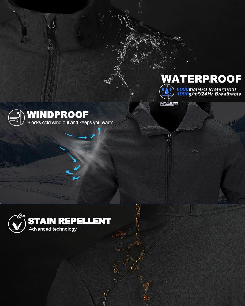 33,000ft Men's Hooded Softshell Jacket Waterproof Lightweight Insulated Windbreaker Fleece Lined Rain Shell Jacket - Image 2