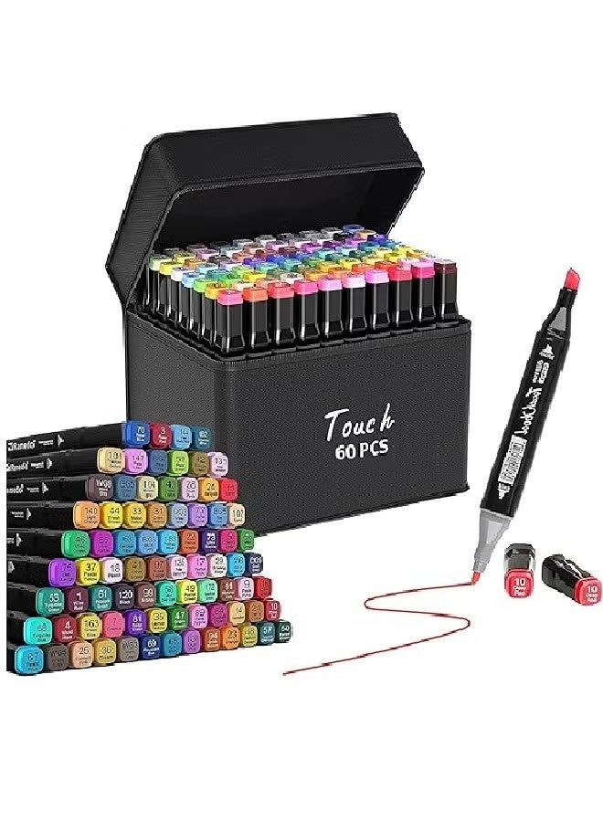 مجموعة أقلام تلوين فنية، جيلانتي 60 لونًا، أقلام تلوين جرافيكية، أقلام تلوين رسم، مجموعة أقلام تلوين فنية برأسين للتصميم والرسم والكتابة على الجدران والتلوين للكبار والتظليل والتسطير (60) - Image 1