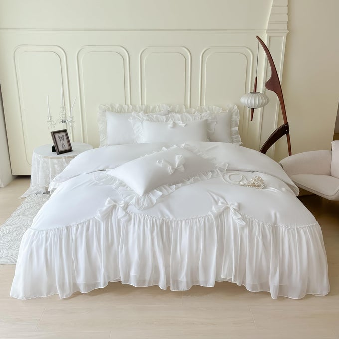 CHIC LACE BEDDINGGIRLS TWIN AESTHETIC COMFORTER COVER SETROMANTIC FRENCH PRINCESS STYLE RUFFLED DUVET COVER WITH LOVELY BOW WITH ZIPPER CLOSUREWHITETWIN