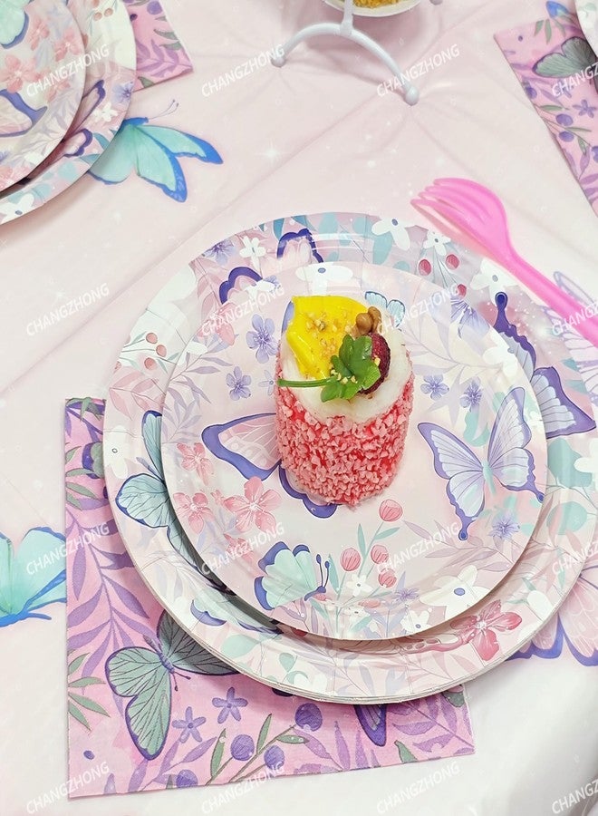 CHANGZHONG Pink Purple Butterfly Birthday Disposable Plates AndPaper Napkin combination 50pcs Party Supplies Butterfly Cake Dessert Plates Suitable For Girls Birthday Party Wedding Decorate - Image 5