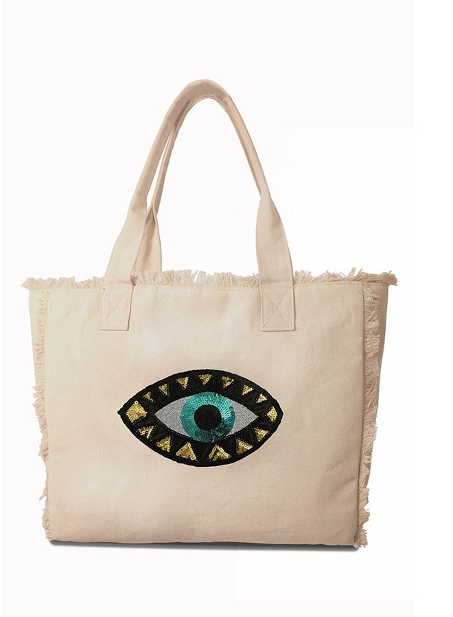 earthbags Evil Eye Fringe Tote Bag white  - Image 1