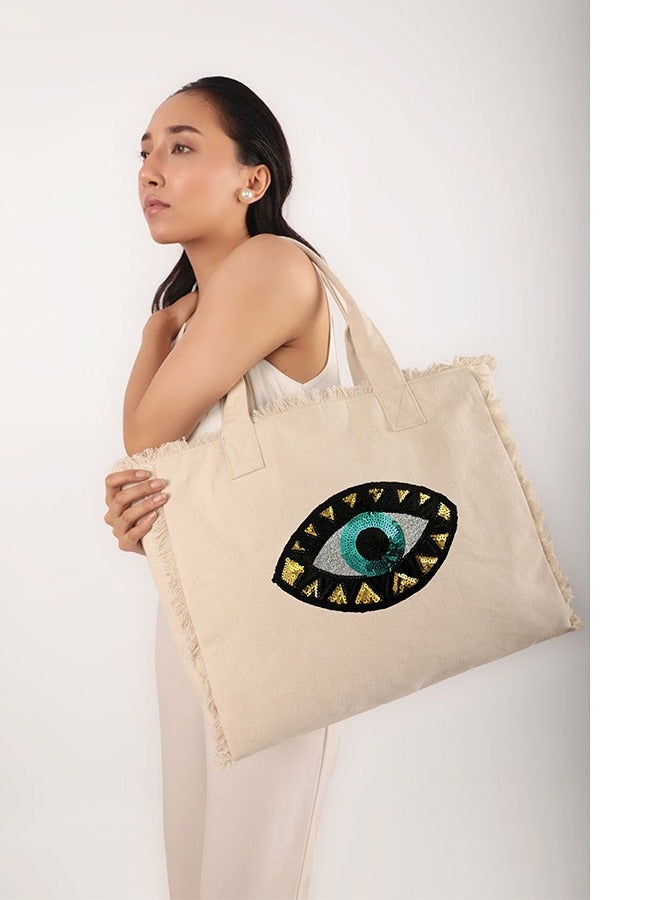 earthbags Evil Eye Fringe Tote Bag white  - Image 2