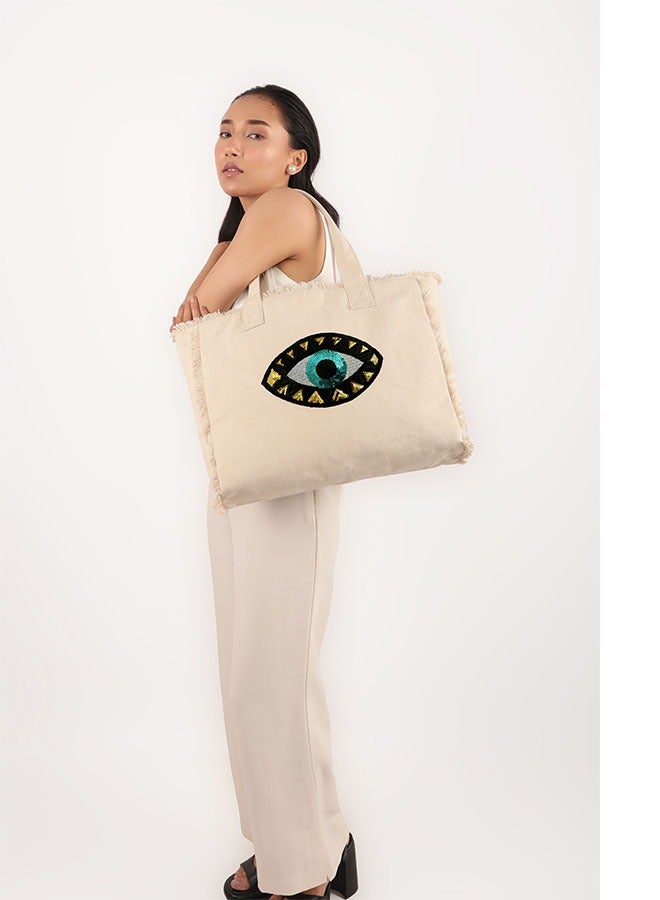 earthbags Evil Eye Fringe Tote Bag white  - Image 3