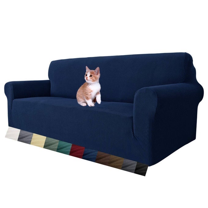 SUPER STRETCH COUCH COVER FOR 3 CUSHION COUCH 1PIECE UNIVERSAL SOFA COVERS LIVING ROOM JACQUARD SPANDEX FURNITURE PROTECTOR DOGS PET FRIENDLY FITTED LARGE NAVY BLUE
