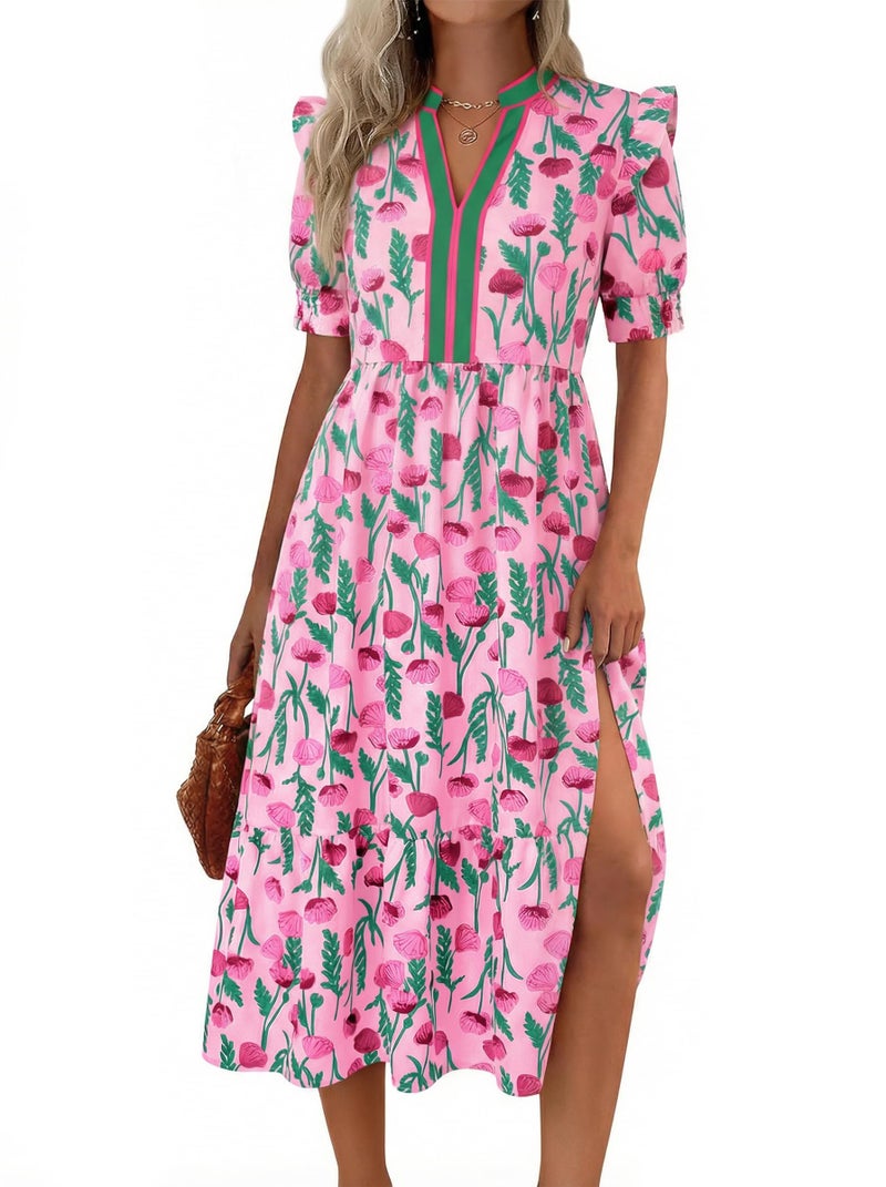 Wenrine Womens Summer Floral Midi Dress Casual Puff Short Sleeve V Neck Swing Flowy Boho Beach Dresses with Pockets Rose Red - Image 1