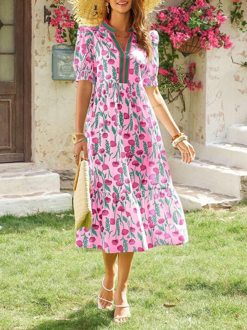 Wenrine Womens Summer Floral Midi Dress Casual Puff Short Sleeve V Neck Swing Flowy Boho Beach Dresses with Pockets Rose Red - Image 2