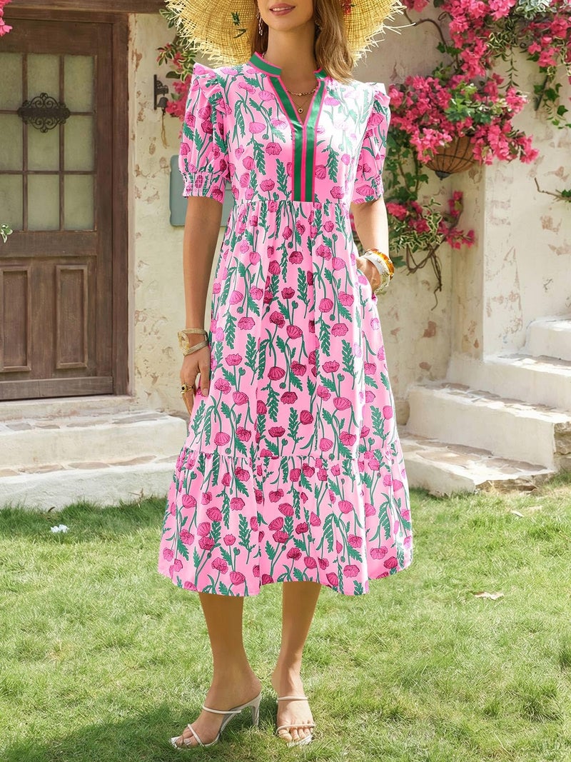 Wenrine Womens Summer Floral Midi Dress Casual Puff Short Sleeve V Neck Swing Flowy Boho Beach Dresses with Pockets Rose Red - Image 3