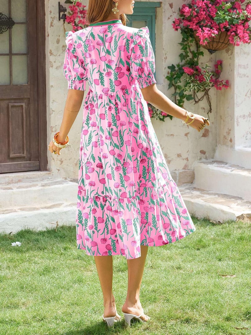 Wenrine Womens Summer Floral Midi Dress Casual Puff Short Sleeve V Neck Swing Flowy Boho Beach Dresses with Pockets Rose Red - Image 4