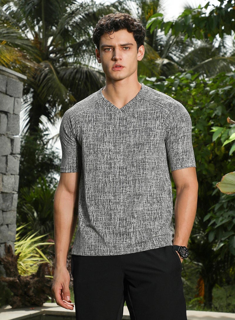 Campus Sutra Campus Sutra Men's Grey & Black Contrast-Heathered Knitted T-Shirt For Casual Wear | V-Neck | Short Regular Sleeves | Pull On Closure | T-Shirt Crafted With Comfort Fit For Everyday Wear  - Image 2