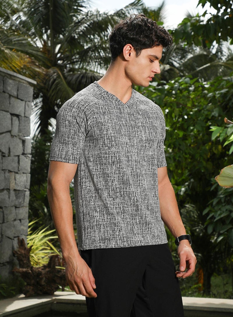 Campus Sutra Campus Sutra Men's Grey & Black Contrast-Heathered Knitted T-Shirt For Casual Wear | V-Neck | Short Regular Sleeves | Pull On Closure | T-Shirt Crafted With Comfort Fit For Everyday Wear  - Image 3