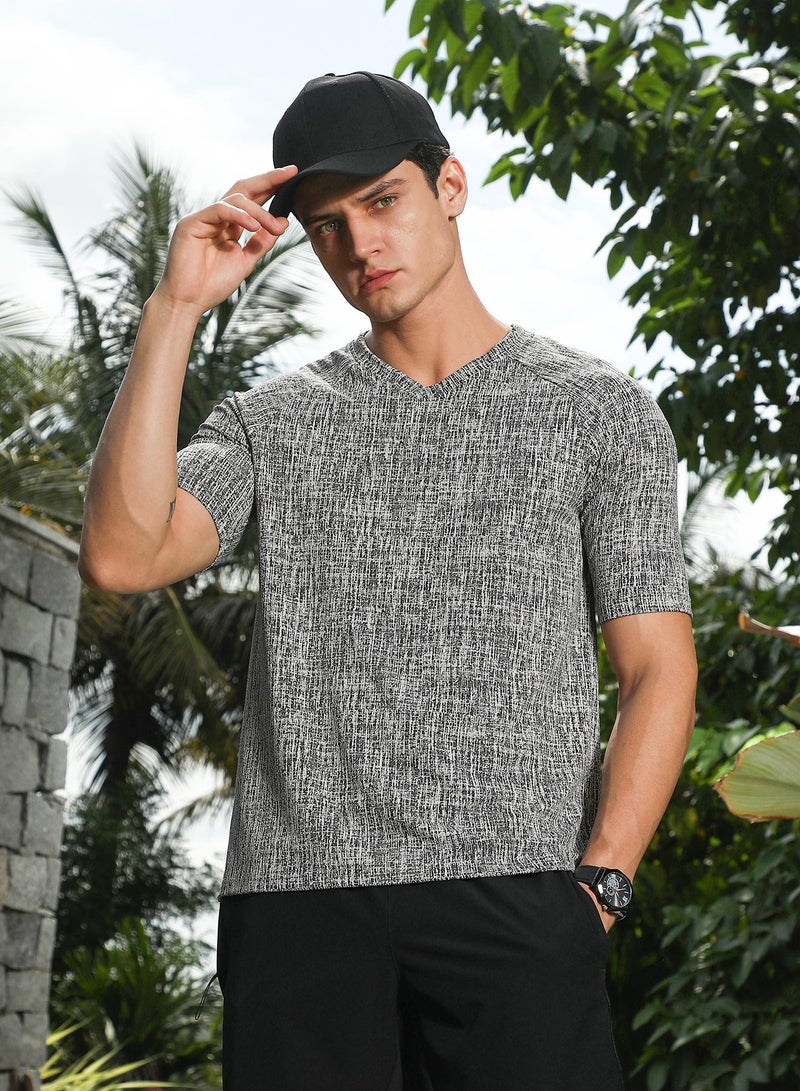 Campus Sutra Campus Sutra Men's Grey & Black Contrast-Heathered Knitted T-Shirt For Casual Wear | V-Neck | Short Regular Sleeves | Pull On Closure | T-Shirt Crafted With Comfort Fit For Everyday Wear  - Image 1
