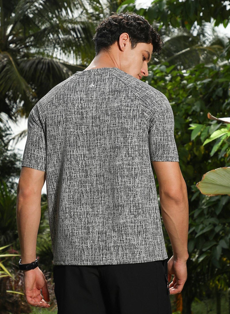 Campus Sutra Campus Sutra Men's Grey & Black Contrast-Heathered Knitted T-Shirt For Casual Wear | V-Neck | Short Regular Sleeves | Pull On Closure | T-Shirt Crafted With Comfort Fit For Everyday Wear  - Image 5