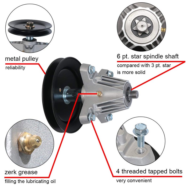 boeray Spindle Assembly for Cub Cadet MTD 918-04822A 918-04822B 618-04822 918-04889 30-8001 14328 82-058 Lawn Mower Deck Fit Most 42in and 30in Mini Riders with Pulley Tapped Bolt Zerk Fitting - Image 3